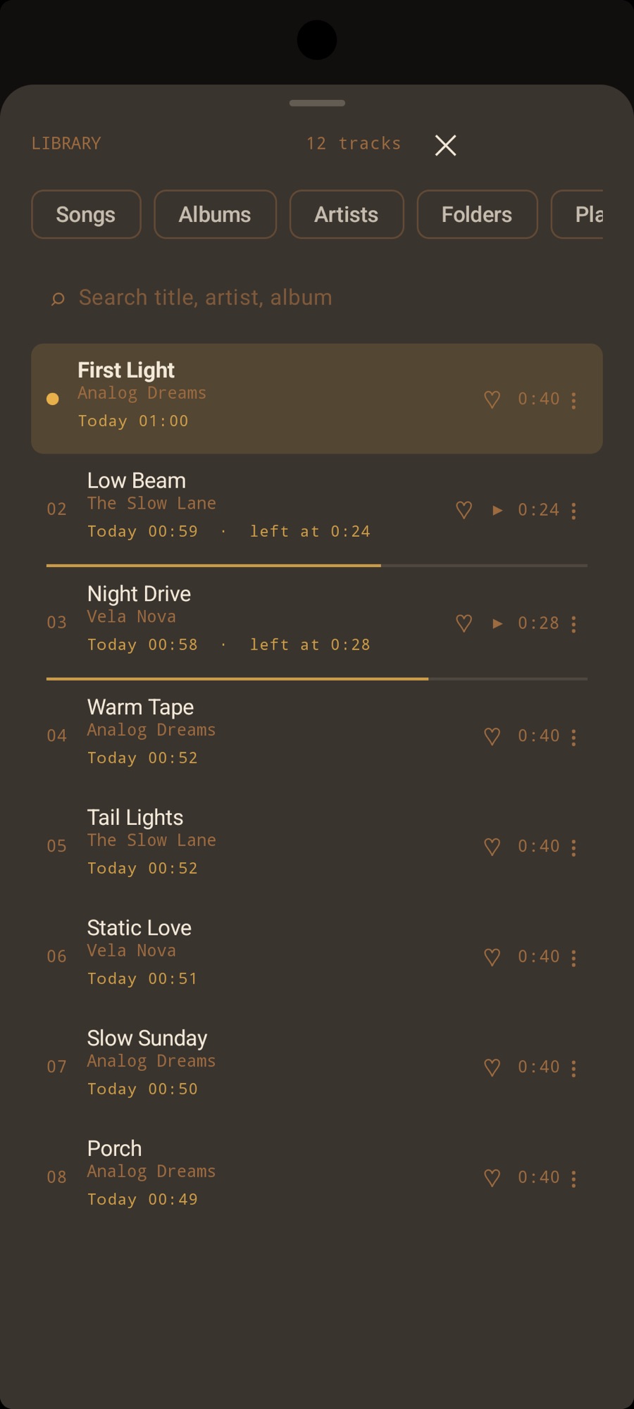 MP95 History on Android: recently played tracks with the time and where each was left