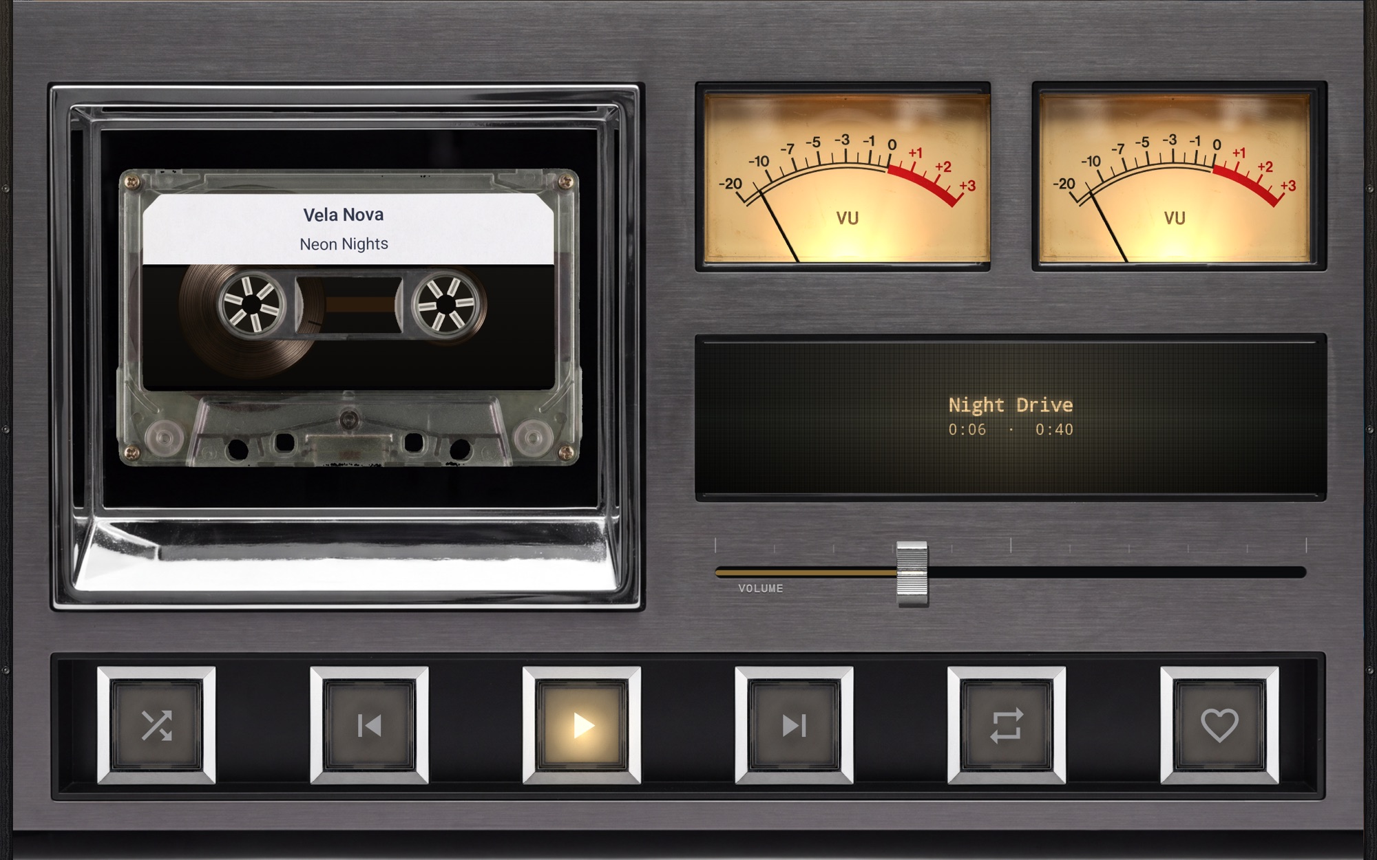 MP95 on an Android tablet: the cassette deck with a clear cassette in the bay and twin VU meters