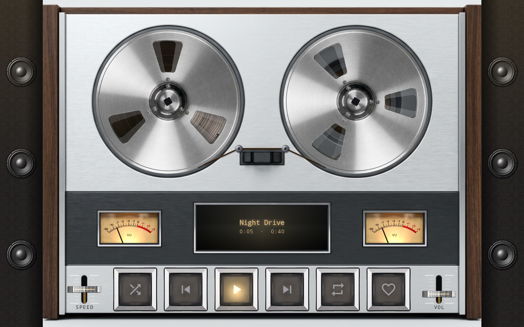 MP95 on an Android tablet: the reel-to-reel deck full screen with two metal reels, VU meters and transport keys