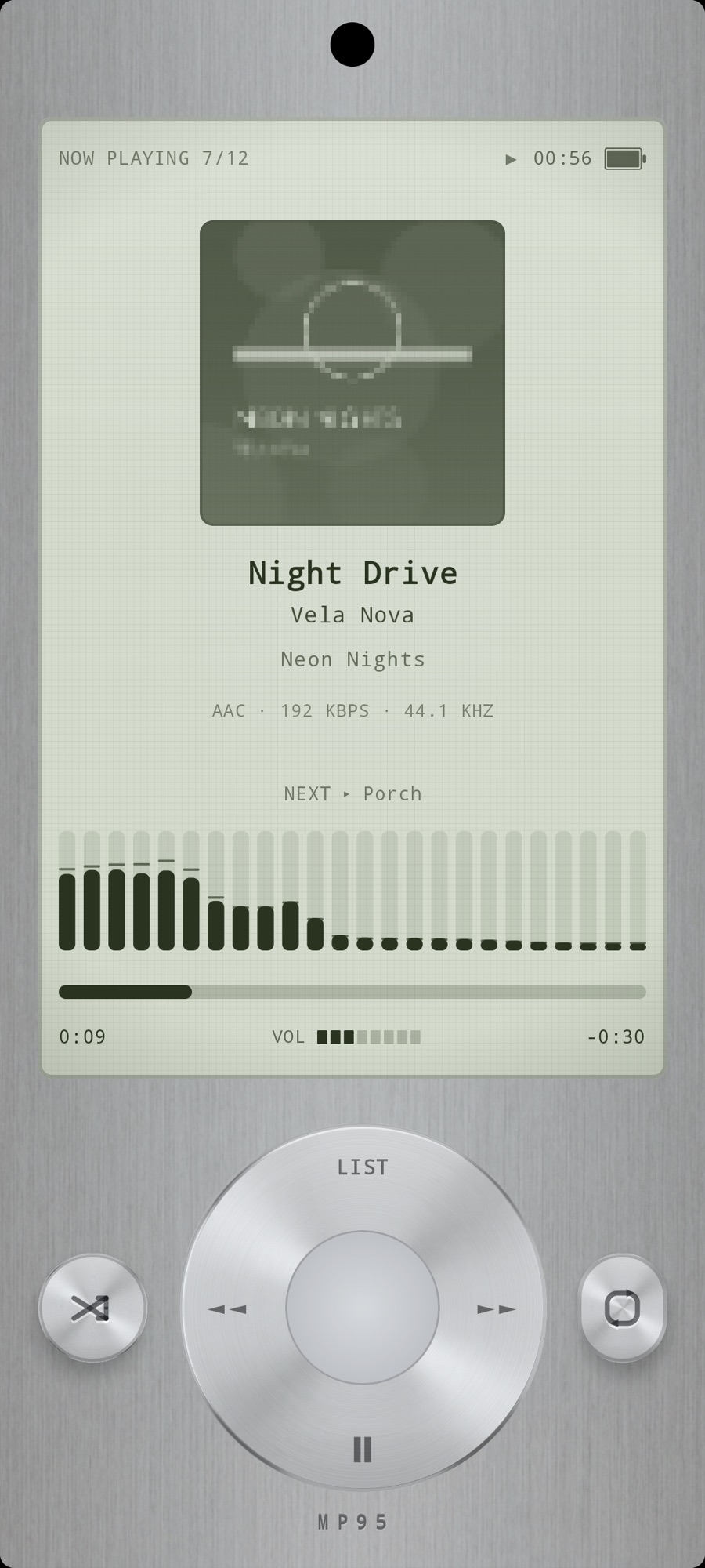 MP95 click-wheel player on Android: a green LCD with album art, format and bitrate, and a bar equalizer above a metal wheel