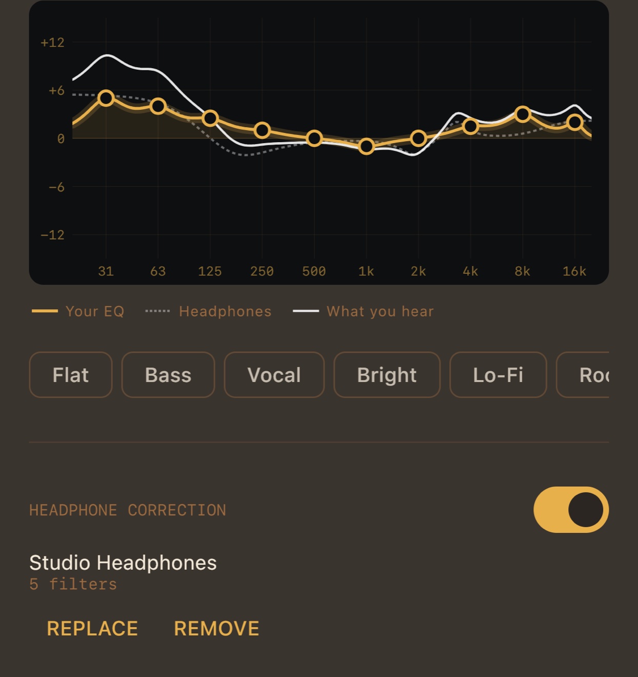 MP95 headphone correction on iPhone, close up: the EQ graph with your curve, the headphone profile and what you hear, and below it Headphone correction on, Studio Headphones, 5 filters, Replace, Remove