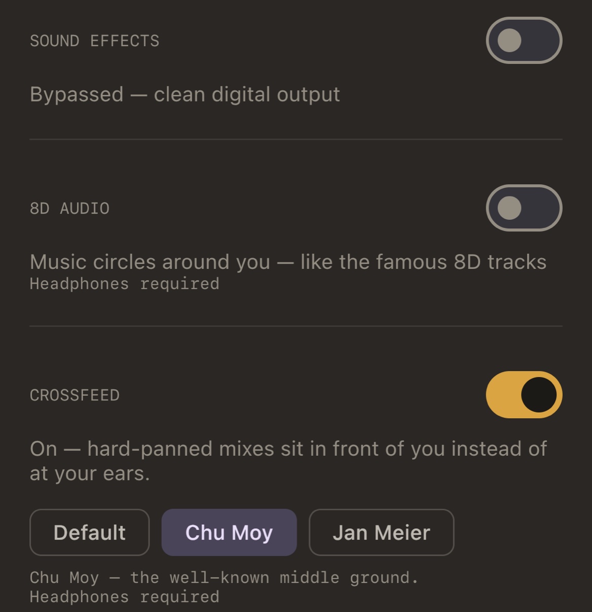 MP95 settings, close up: sound effects bypassed for a clean digital output, 8D off, and crossfeed on with the Default, Chu Moy and Jan Meier presets