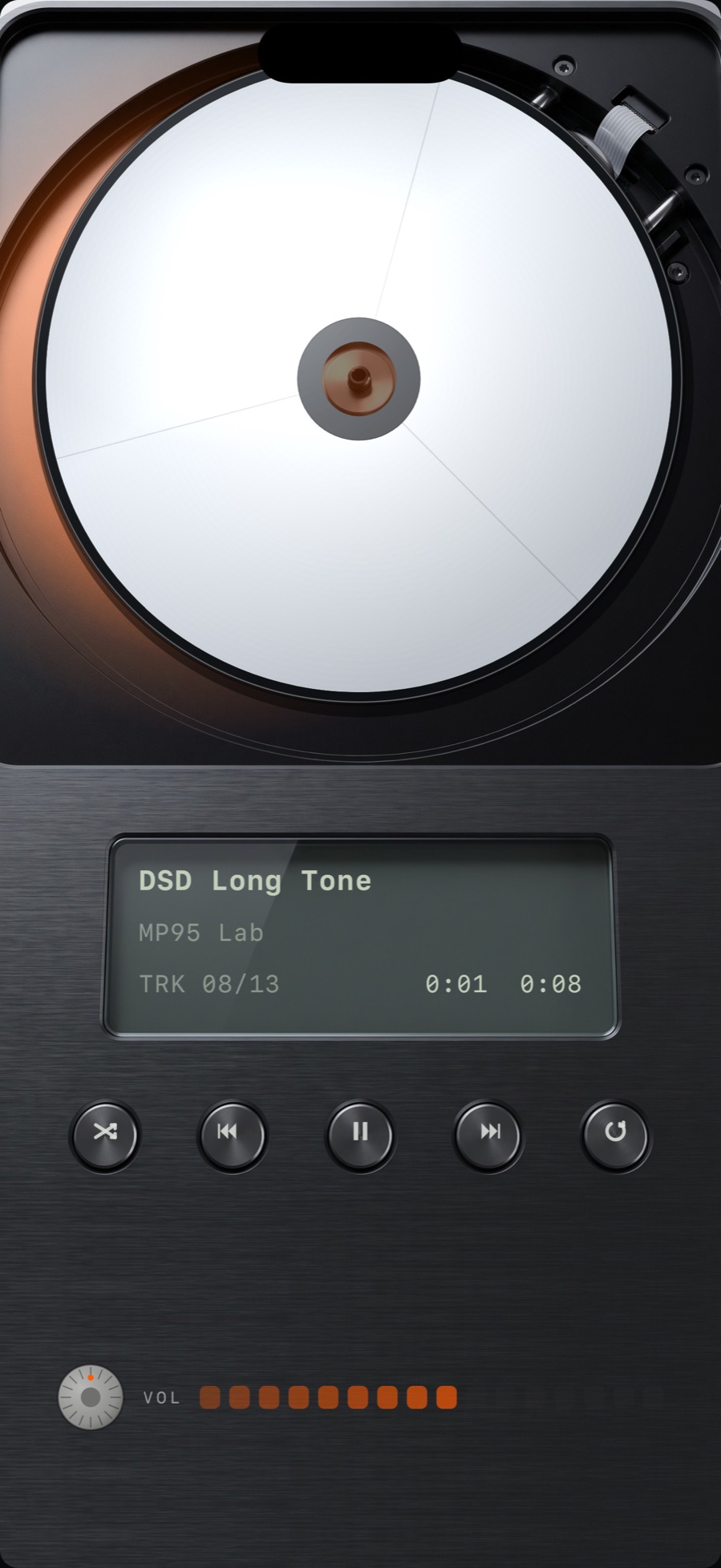 MP95-Disc-Player auf dem iPhone spielt eine DSD-Datei, DSD Long Tone, ab, die auf dem Display des Players angezeigt wird