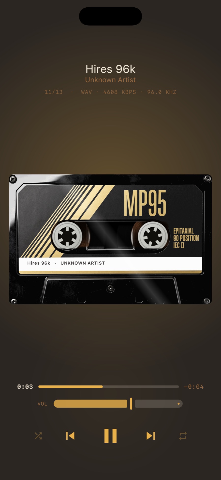 MP95 on iPhone playing a 96 kHz WAV on the GOLD cassette; the track line reads WAV · 4608 kbps · 96.0 kHz