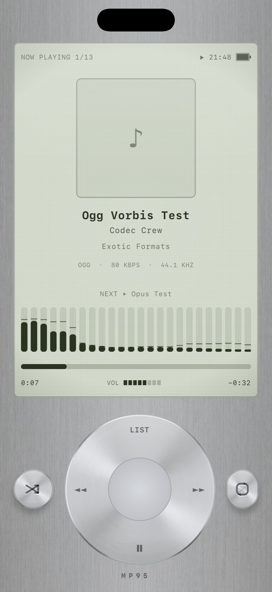 MP95 Click Wheel auf dem iPhone zum Abspielen einer Ogg Vorbis-Datei; Auf dem LCD wird OGG · 80 kbps · 44,1 kHz angezeigt