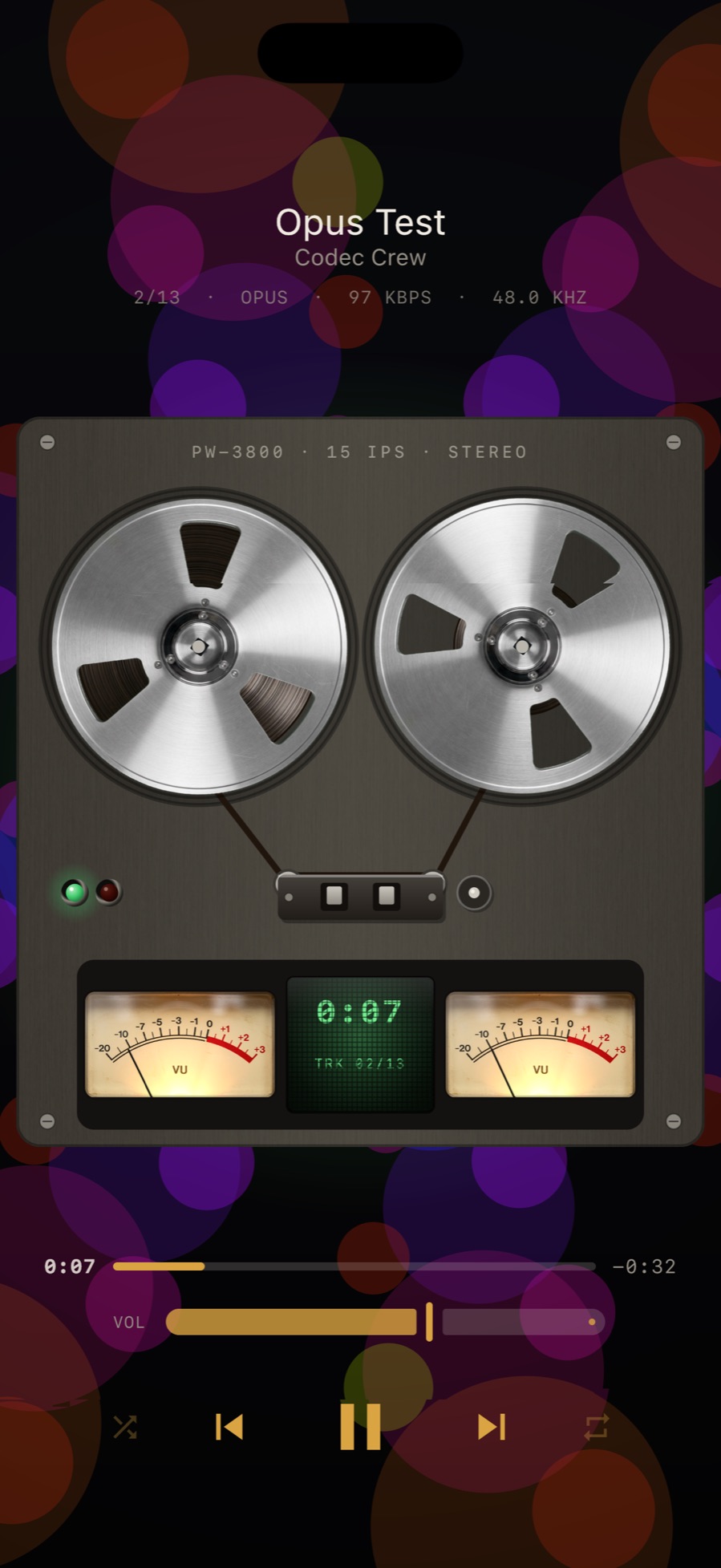 MP95 on iPhone playing an Opus file on the reel-to-reel with a colourful backdrop; the track line reads Opus · 97 kbps · 48.0 kHz