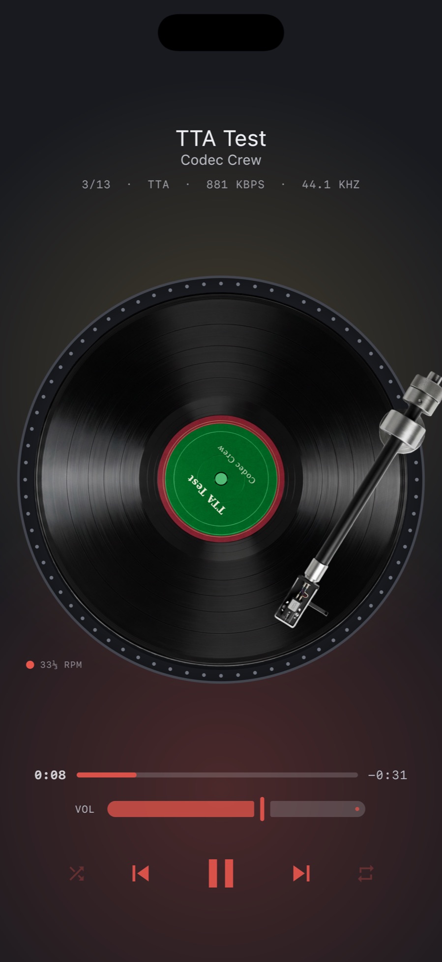 MP95 on iPhone playing a TTA (True Audio) file on the turntable; the track line reads TTA · 881 kbps · 44.1 kHz