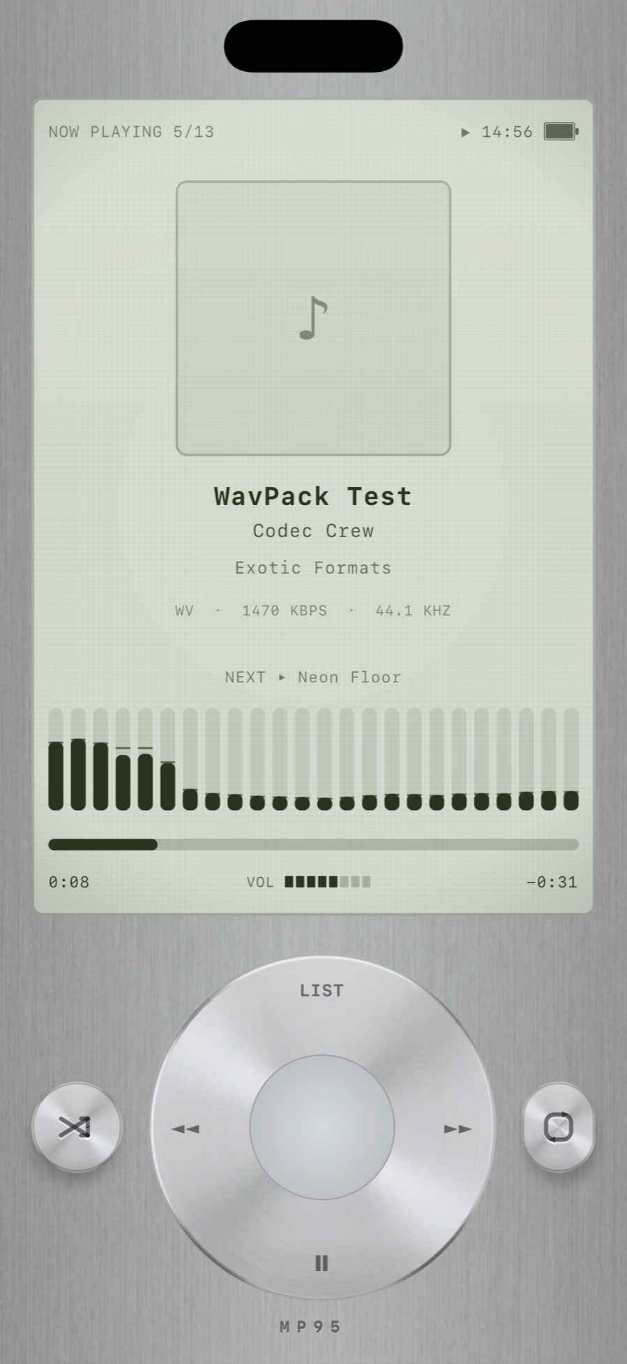MP95 click wheel on iPhone playing a WavPack file; the LCD reads WV · 1470 kbps · 44.1 kHz