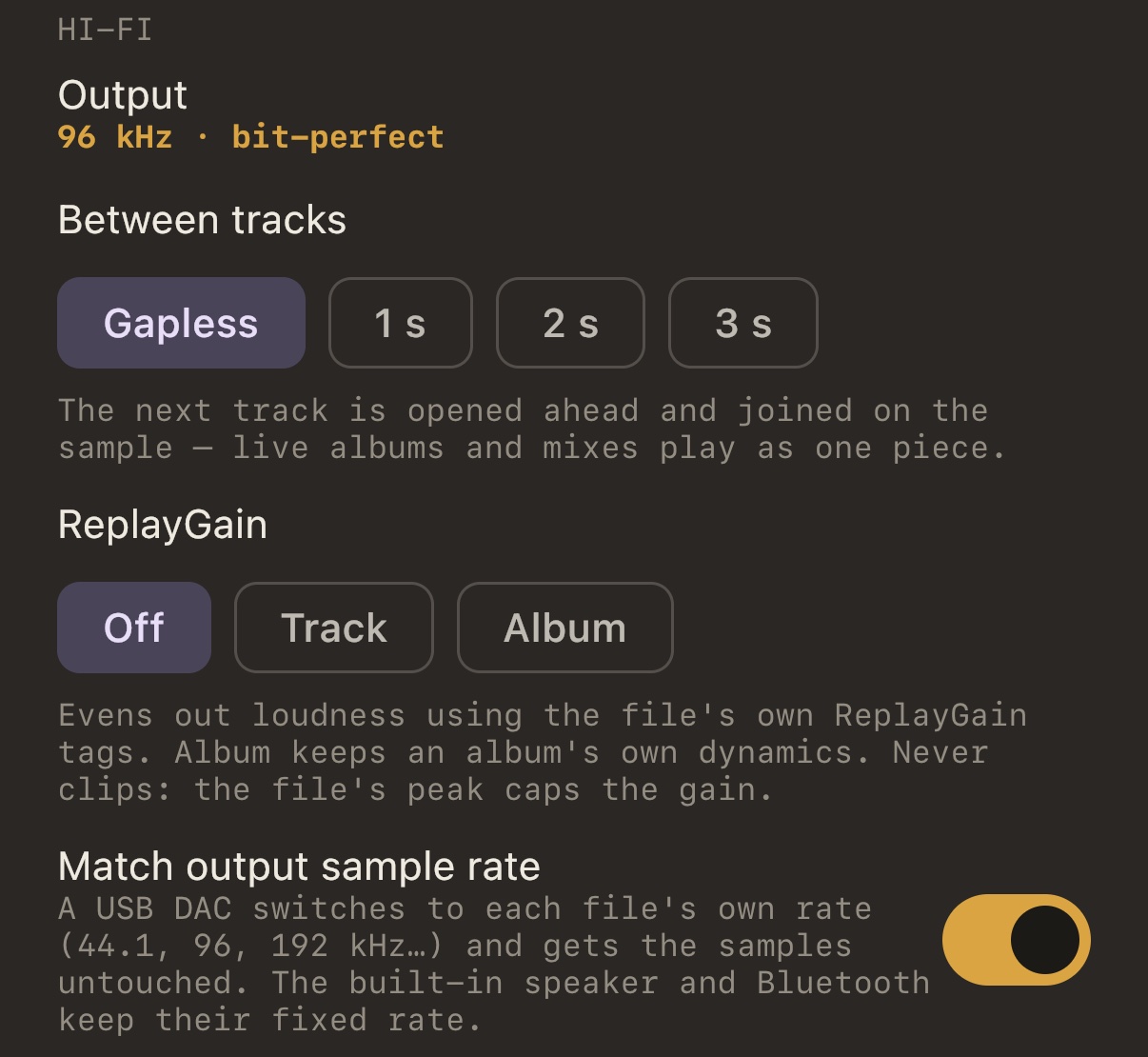 MP95 Hi-Fi settings, close up: Output 96 kHz · bit-perfect; between tracks gapless, 1 s, 2 s or 3 s; ReplayGain off, track or album; Match output sample rate on, so a USB DAC switches to each file’s rate