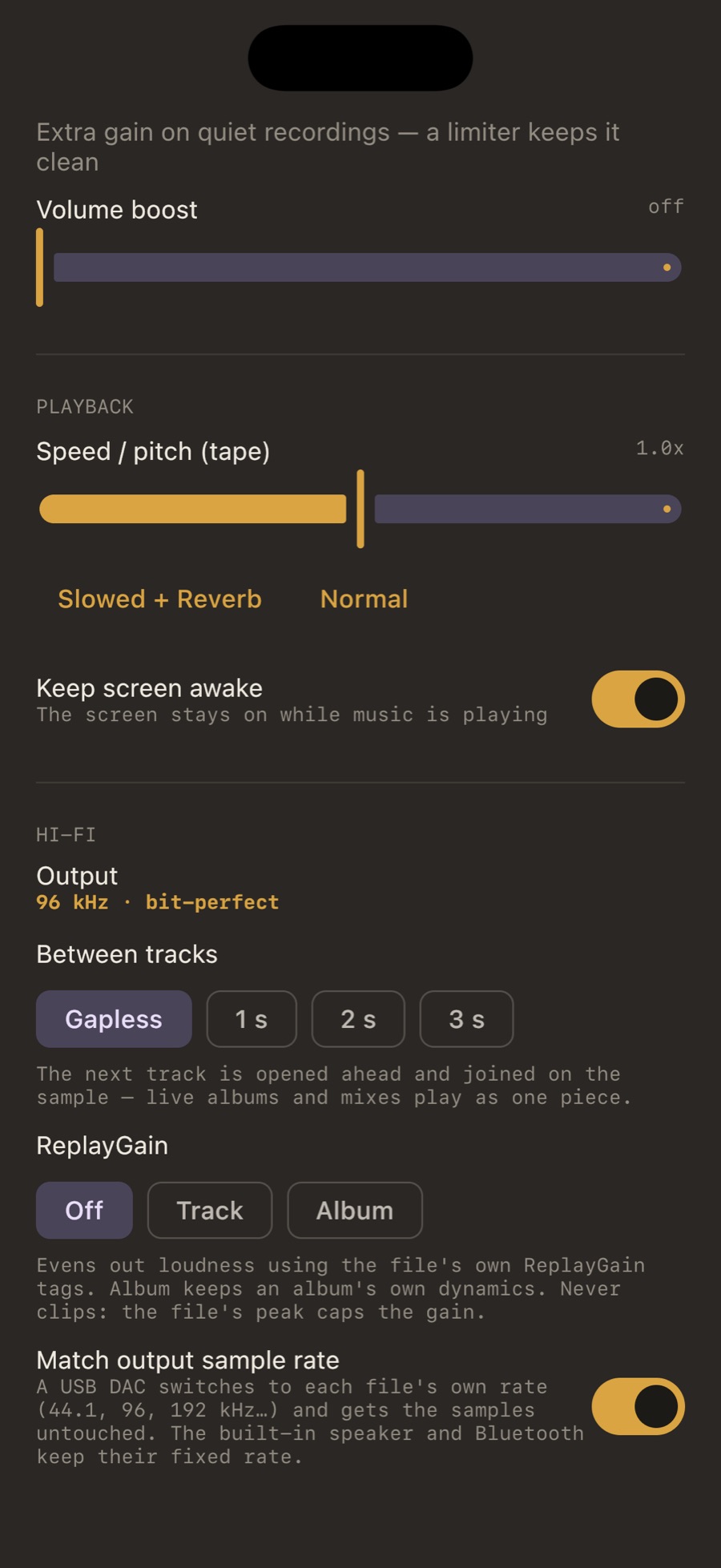 MP95 Hi-Fi settings on iPhone: Output 96 kHz · bit-perfect, gapless between tracks, ReplayGain off, track or album, and Match output sample rate switched on