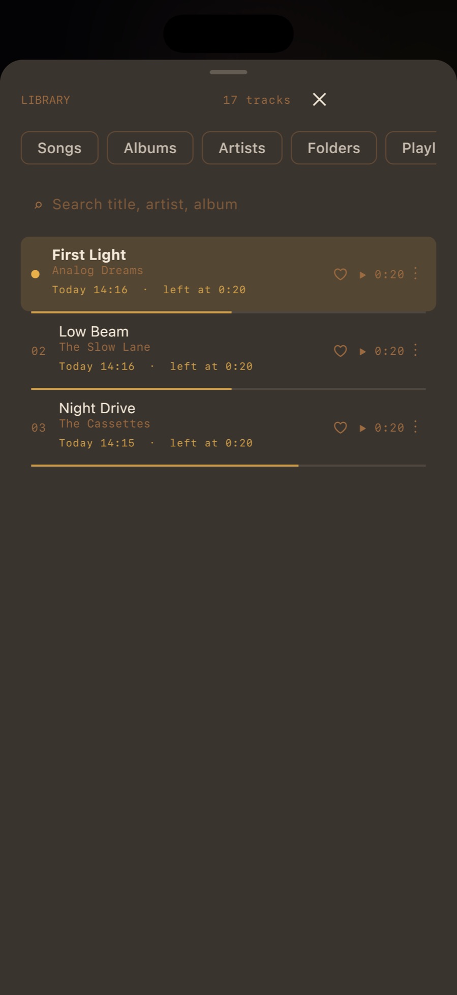 MP95 History on iPhone: recently played tracks with the time played and where each one was left