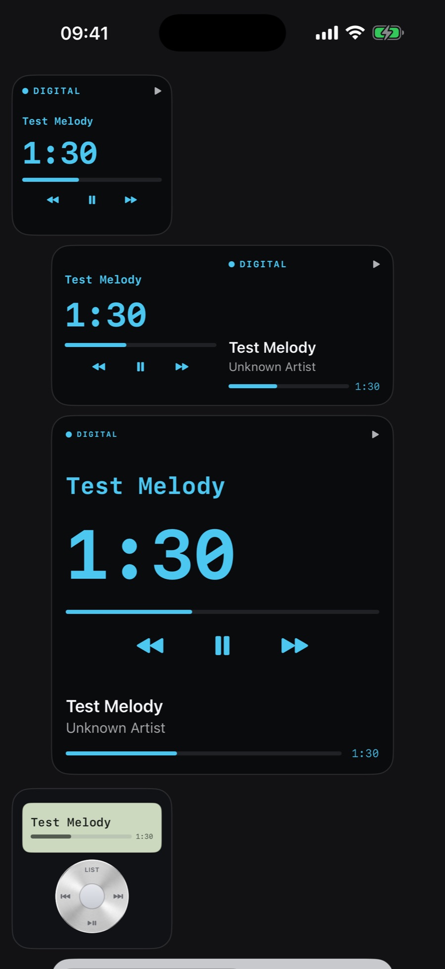 MP95-Digital- und Click-Wheel-Startbildschirm-Widgets auf dem iPhone mit Live-Anzeige der verstrichenen Zeit und Transporttasten