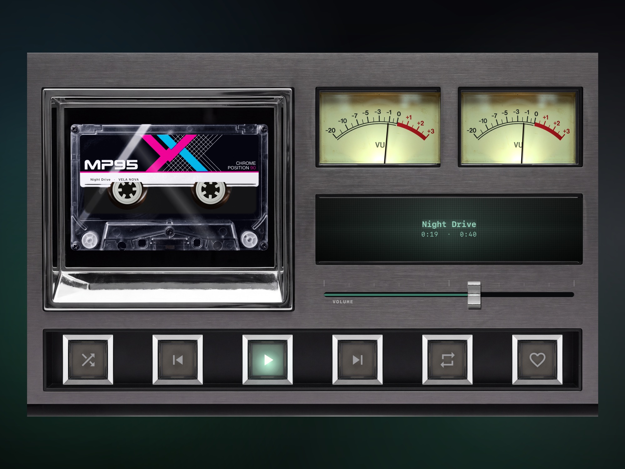 MP95 on iPad in landscape: the cassette deck with twin VU meters