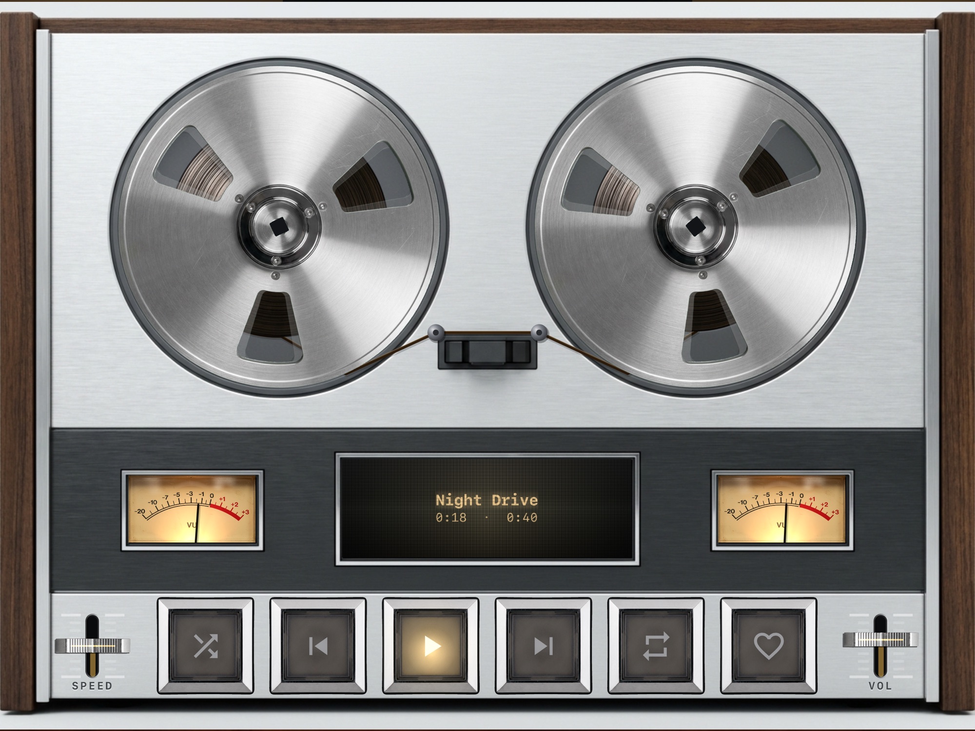 MP95 on iPad in landscape: the reel-to-reel deck