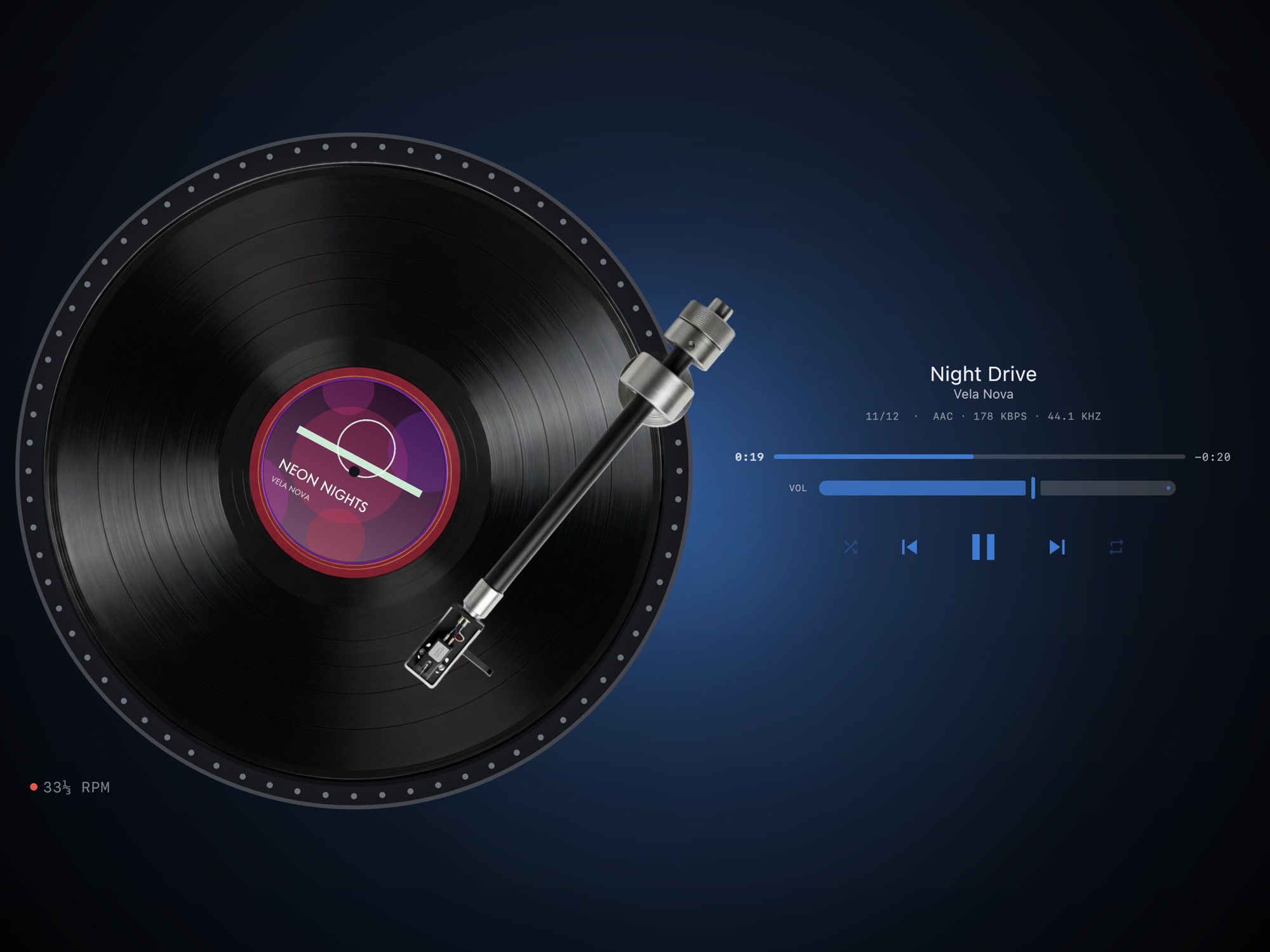MP95 on iPad in landscape: the turntable