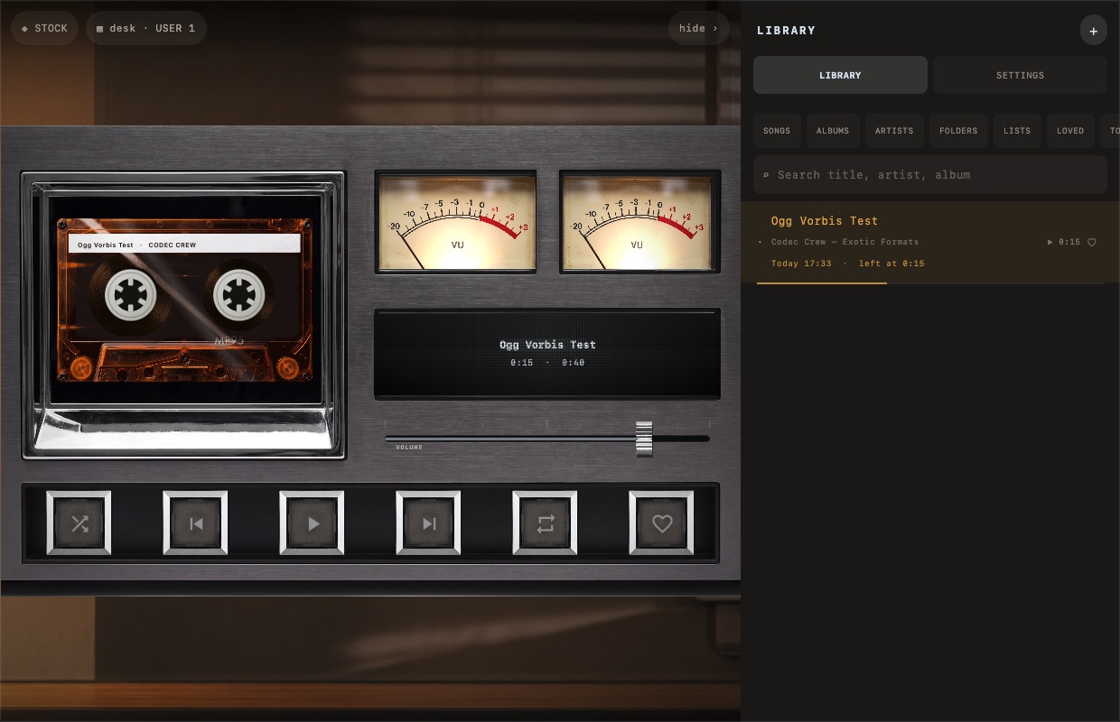 MP95 on Mac: the cassette deck with the History list open beside it