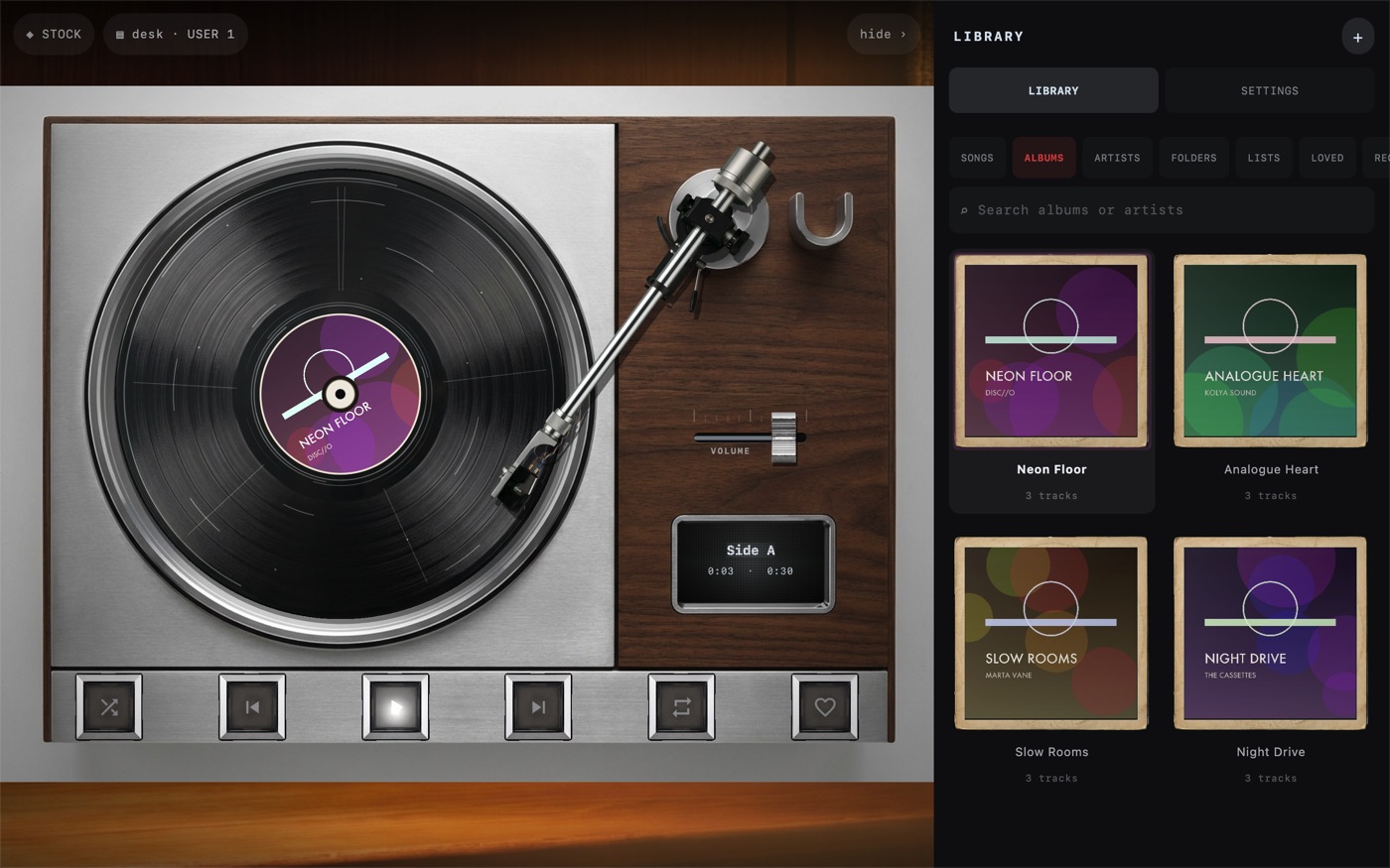 MP95 library on Mac showing albums as record sleeves next to a turntable
