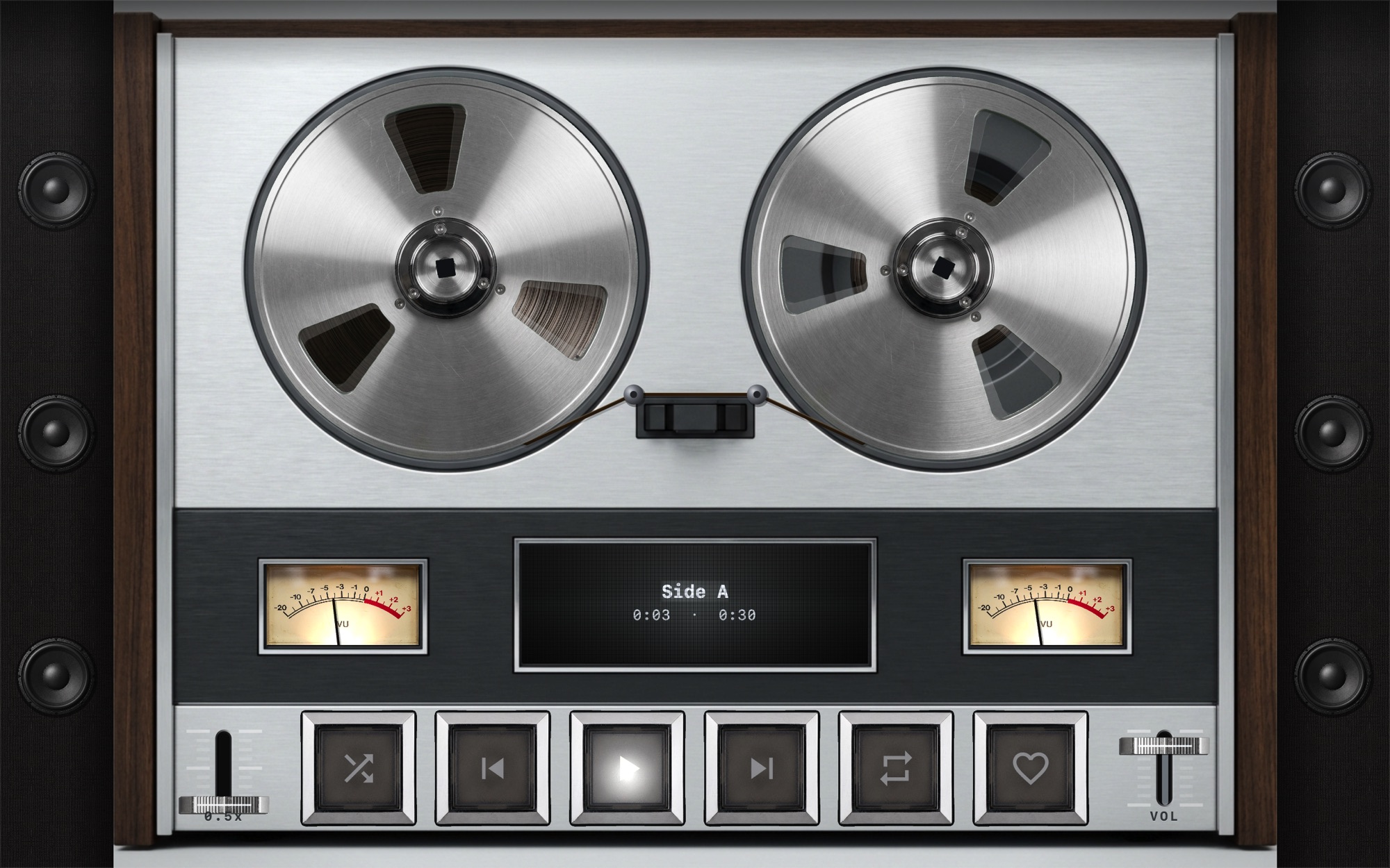 MP95 on Mac: a full-window reel-to-reel deck with two large metal reels, twin VU meters, a tape counter display and transport keys