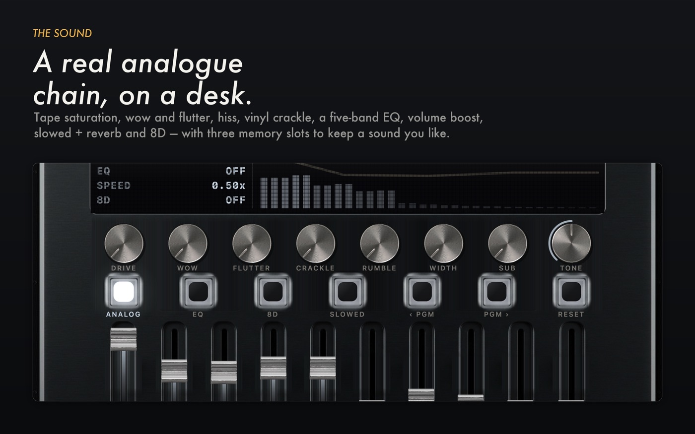 The MP95 sound desk with drive, wow, flutter, crackle, rumble, width, sub and tone knobs