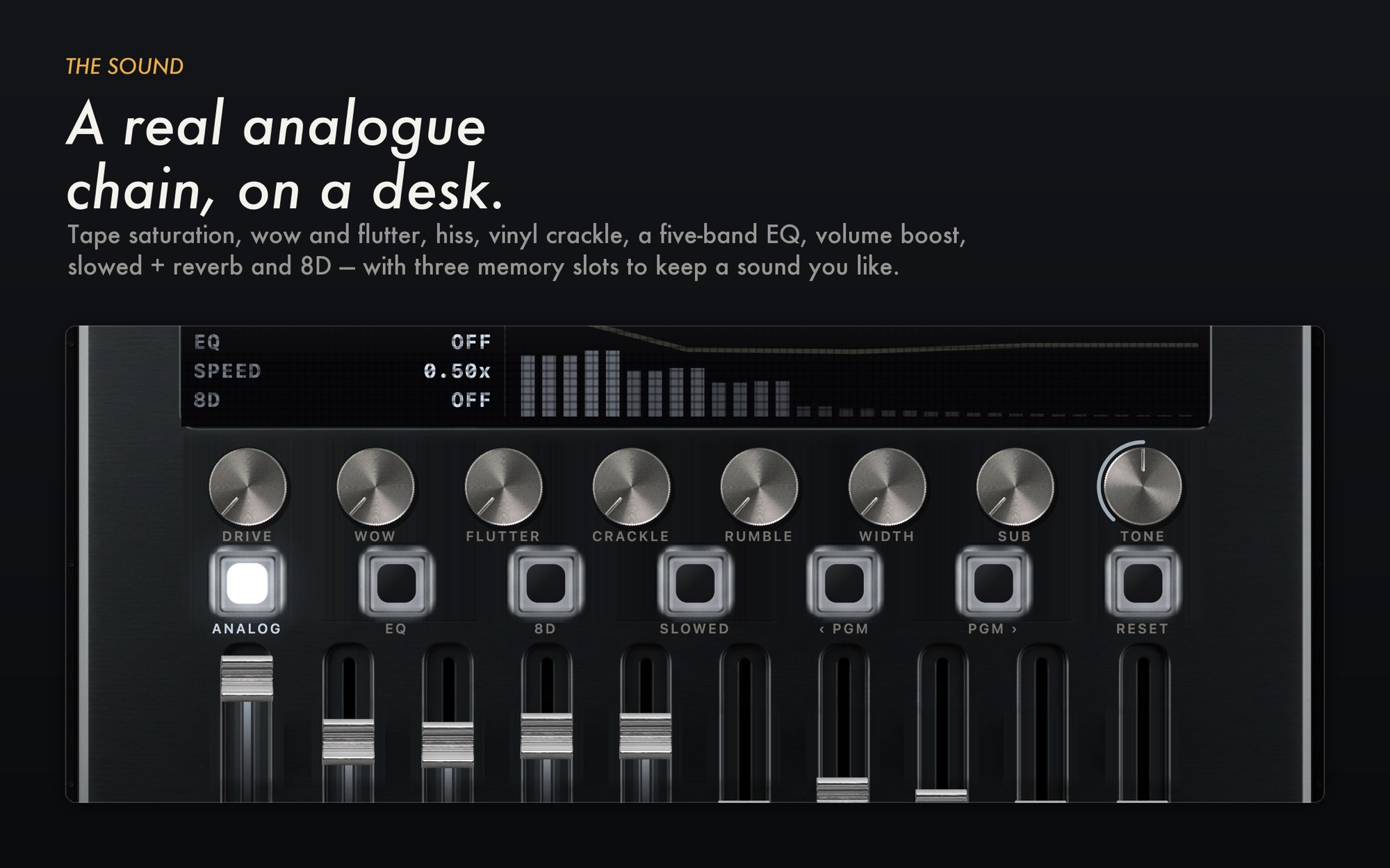 The MP95 sound desk: EQ, speed and 8D readouts, eight knobs for drive, wow, flutter, crackle, rumble, width, sub and tone, and buttons for analog, EQ, 8D, slowed and program memory