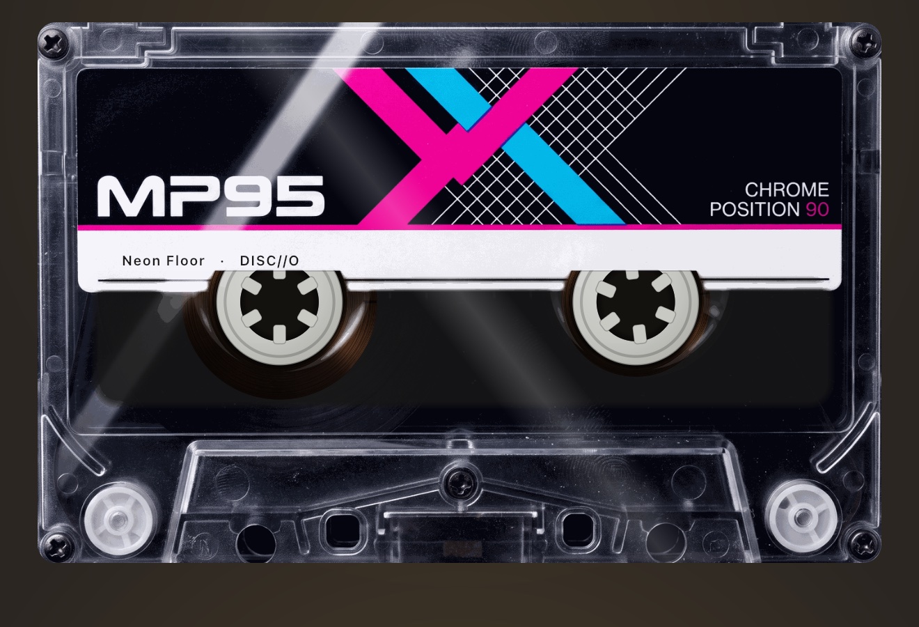 NEON cassette shell: clear plastic with a magenta and cyan CHROME POSITION 90 label, tape visible from edge to edge