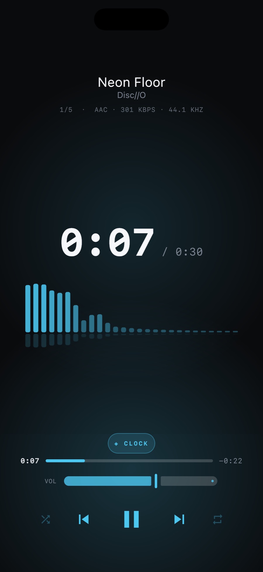 MP95 digital player on iPhone: a large elapsed-time clock over a spectrum of blue bars on a dark display