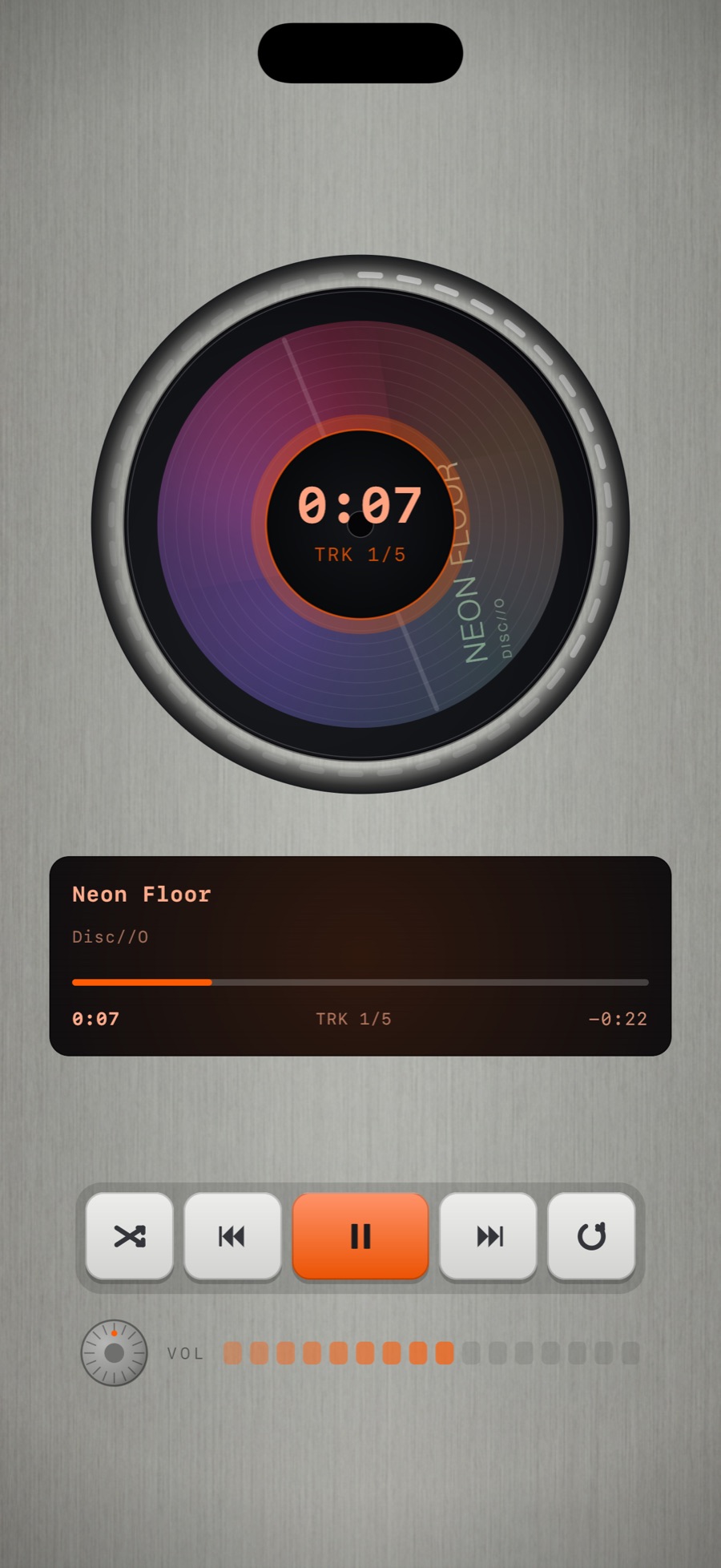 MP95 disc player on iPhone: the album art on a spinning disc inside a brushed-steel body with a row of transport keys
