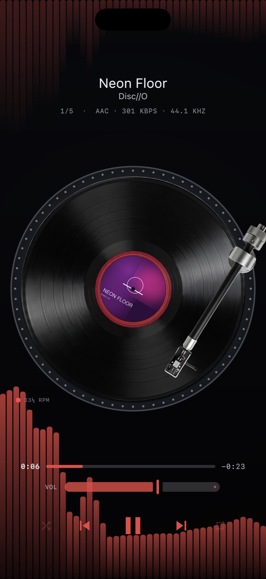 MP95 turntable with the BARS spectrum visualizer behind it