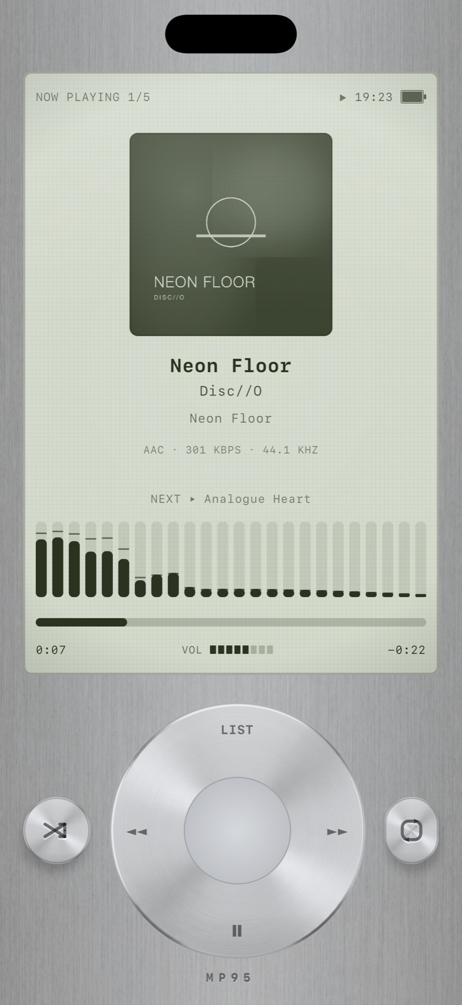 MP95 click-wheel player on iPhone: a green LCD with album art, track info, what plays next and a bar equalizer above a brushed-metal wheel